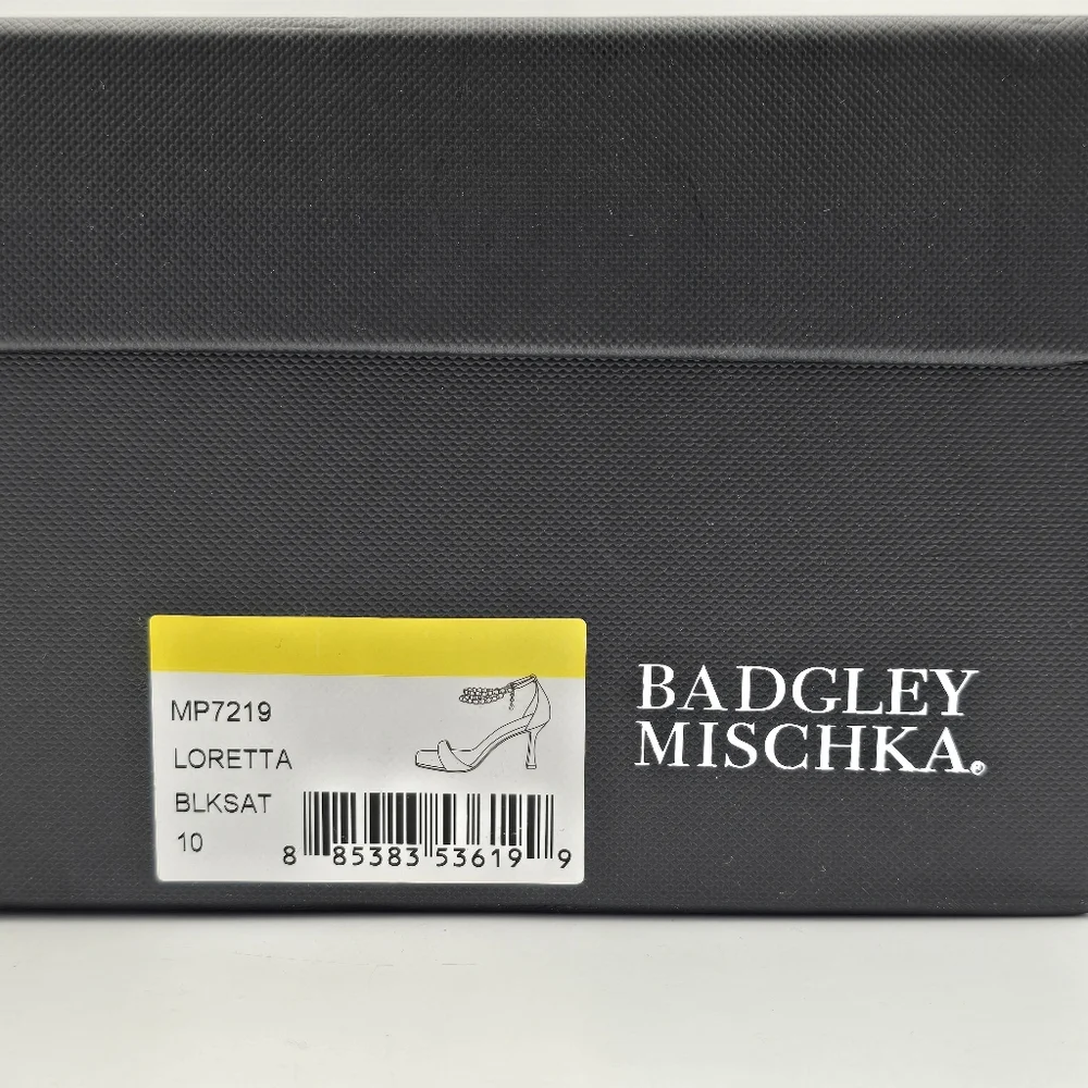 NIB Badgley Mischka Loretta Dual Pearl Strap Stiletto Heel Sandals, Black Satin - Picture 4 of 16